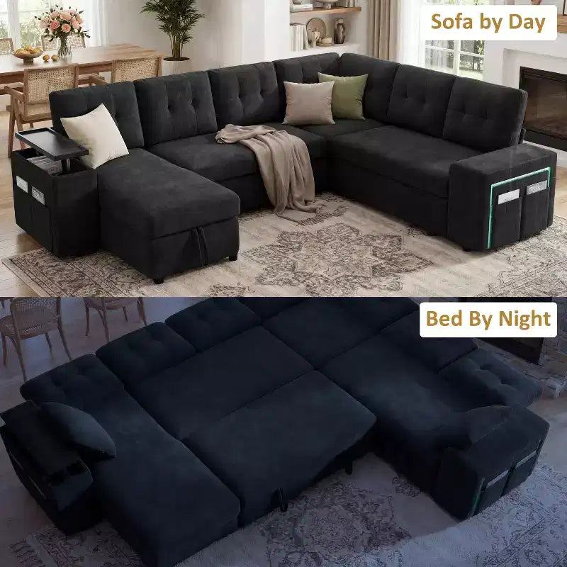 Ensemble canapé modulaire Dyonery 112, canapé-lit d'angle 7 places / Avec accoudoirs chaise longue de rangement réglables en hauteur / USB/éclairage LED, canapé-lit en chenille.