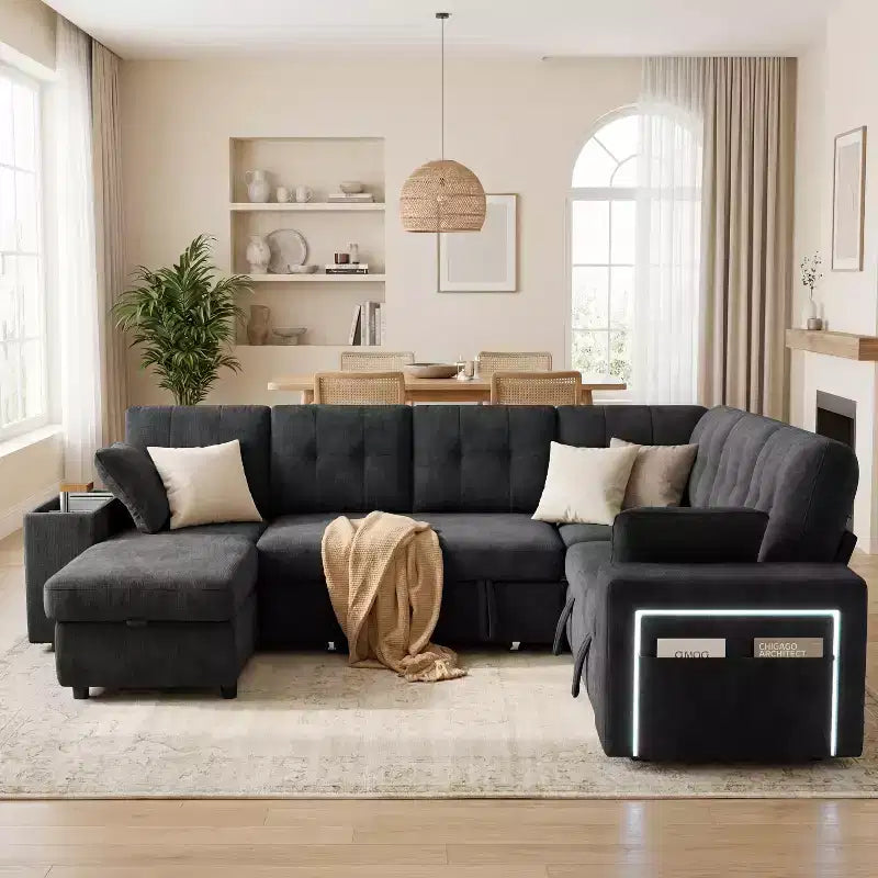 Ensemble canapé modulaire Dyonery 112, canapé-lit d'angle 7 places / Avec accoudoirs chaise longue de rangement réglables en hauteur / USB/éclairage LED, canapé-lit en chenille.