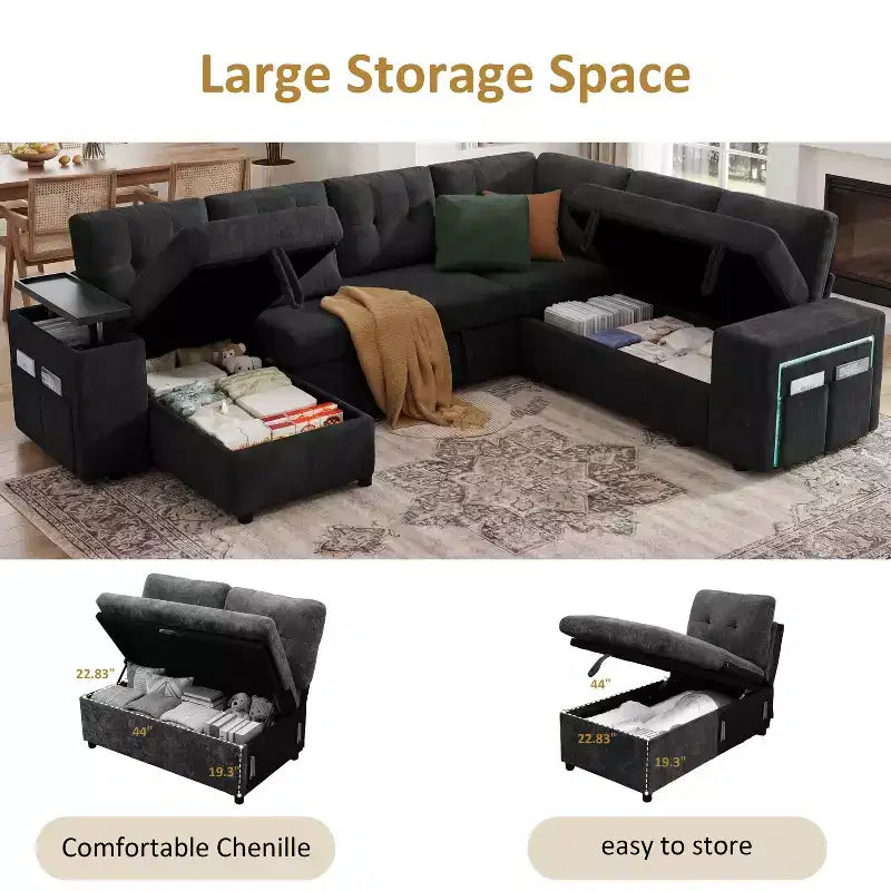 Ensemble canapé modulaire Dyonery 112, canapé-lit d'angle 7 places / Avec accoudoirs chaise longue de rangement réglables en hauteur / USB/éclairage LED, canapé-lit en chenille.