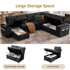 Ensemble canapé modulaire Dyonery 112, canapé-lit d'angle 7 places / Avec accoudoirs chaise longue de rangement réglables en hauteur / USB/éclairage LED, canapé-lit en chenille.