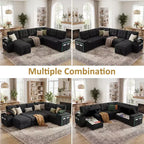Ensemble canapé modulaire Dyonery 112, canapé-lit d'angle 7 places / Avec accoudoirs chaise longue de rangement réglables en hauteur / USB/éclairage LED, canapé-lit en chenille.