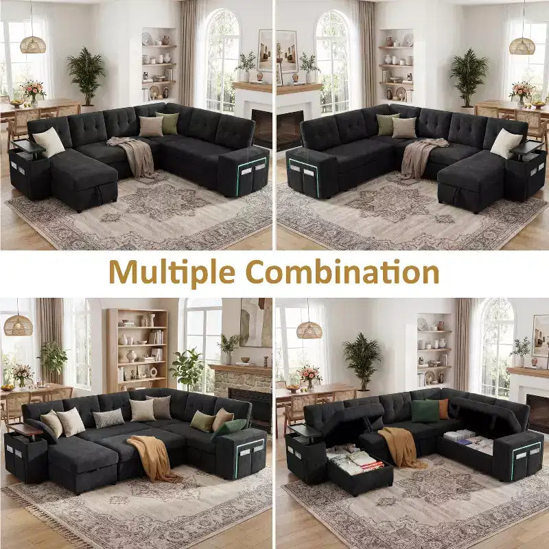 Ensemble canapé modulaire Dyonery 112, canapé-lit d'angle 7 places / Avec accoudoirs chaise longue de rangement réglables en hauteur / USB/éclairage LED, canapé-lit en chenille.