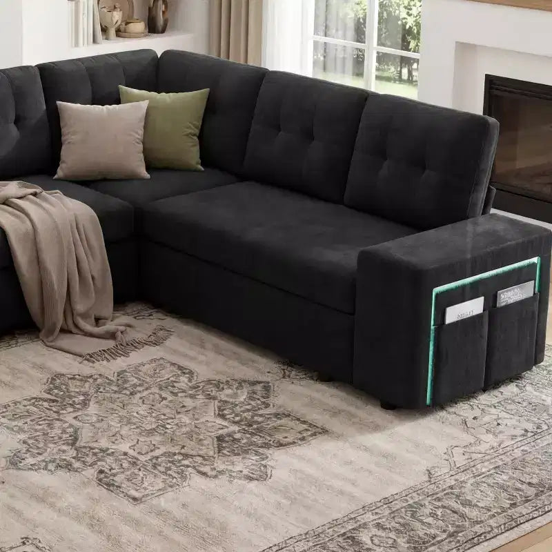 Ensemble canapé modulaire Dyonery 112, canapé-lit d'angle 7 places / Avec accoudoirs chaise longue de rangement réglables en hauteur / USB/éclairage LED, canapé-lit en chenille.
