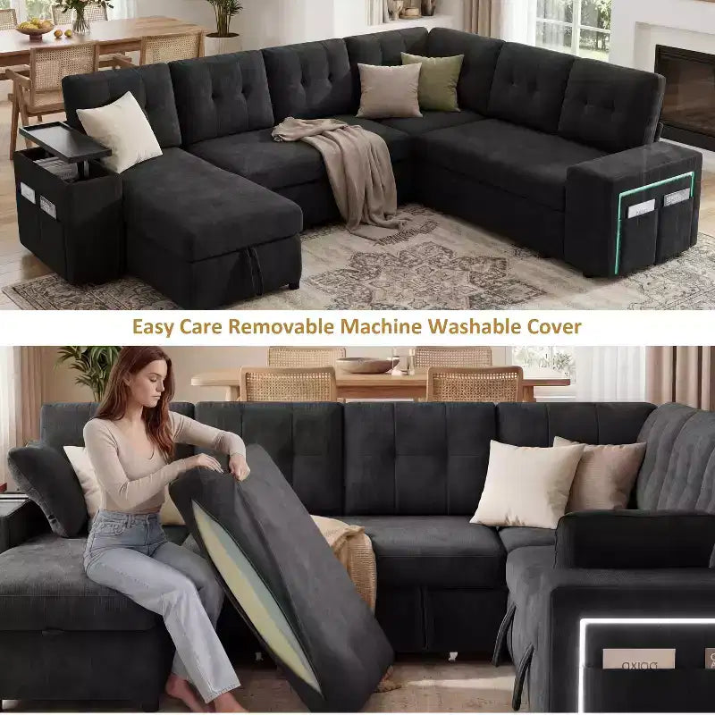 Ensemble canapé modulaire Dyonery 112, canapé-lit d'angle 7 places / Avec accoudoirs chaise longue de rangement réglables en hauteur / USB/éclairage LED, canapé-lit en chenille.