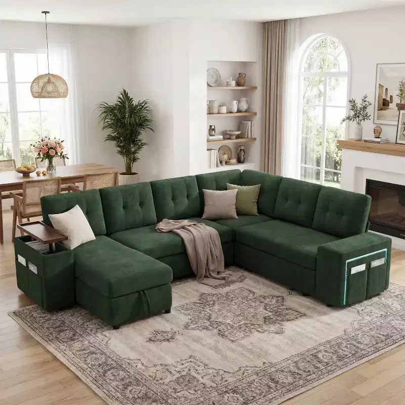 Ensemble canapé modulaire Dyonery 112, canapé-lit d'angle 7 places / Avec accoudoirs chaise longue de rangement réglables en hauteur / USB/éclairage LED, canapé-lit en chenille.