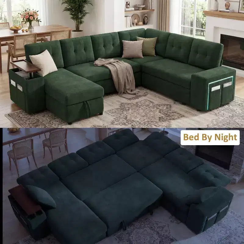 Ensemble canapé modulaire Dyonery 112, canapé-lit d'angle 7 places / Avec accoudoirs chaise longue de rangement réglables en hauteur / USB/éclairage LED, canapé-lit en chenille.