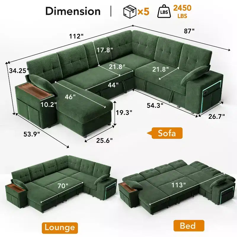 Ensemble canapé modulaire Dyonery 112, canapé-lit d'angle 7 places / Avec accoudoirs chaise longue de rangement réglables en hauteur / USB/éclairage LED, canapé-lit en chenille.