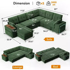 Ensemble canapé modulaire Dyonery 112, canapé-lit d'angle 7 places / Avec accoudoirs chaise longue de rangement réglables en hauteur / USB/éclairage LED, canapé-lit en chenille.
