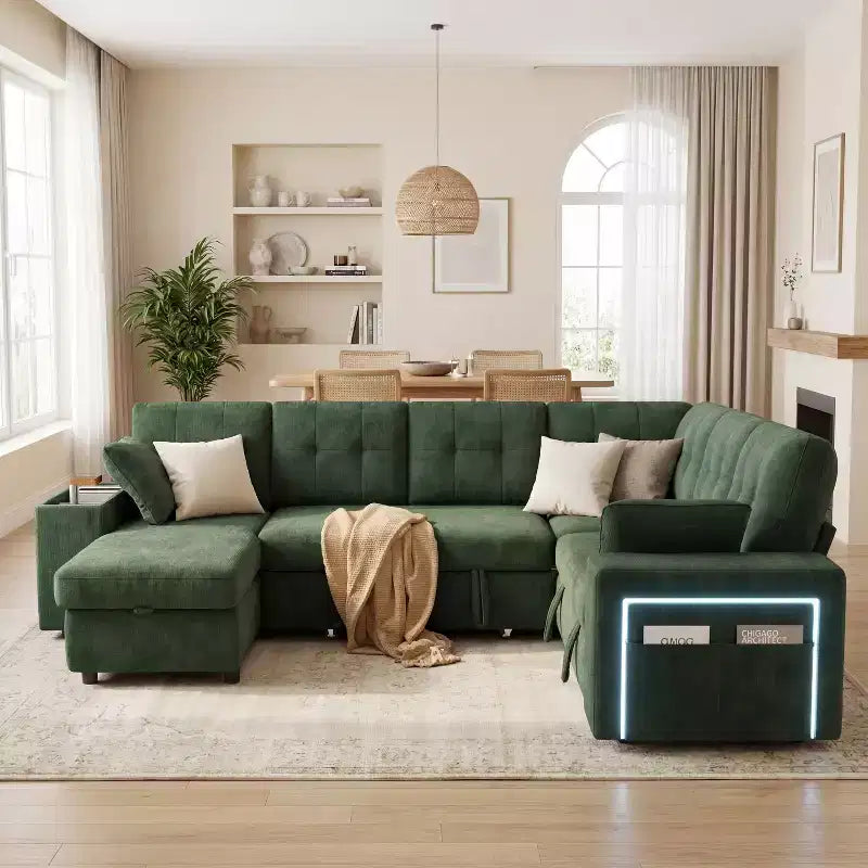 Ensemble canapé modulaire Dyonery 112, canapé-lit d'angle 7 places / Avec accoudoirs chaise longue de rangement réglables en hauteur / USB/éclairage LED, canapé-lit en chenille.