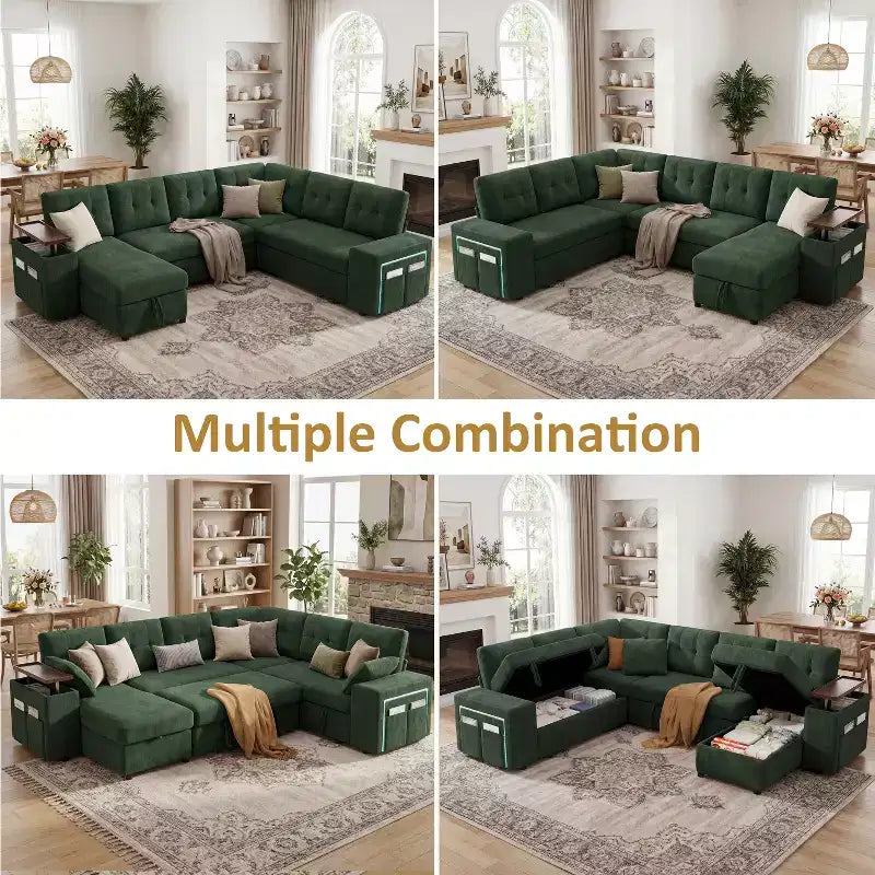 Ensemble canapé modulaire Dyonery 112, canapé-lit d'angle 7 places / Avec accoudoirs chaise longue de rangement réglables en hauteur / USB/éclairage LED, canapé-lit en chenille.