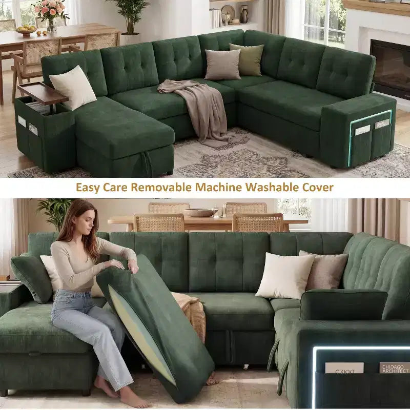 Ensemble canapé modulaire Dyonery 112, canapé-lit d'angle 7 places / Avec accoudoirs chaise longue de rangement réglables en hauteur / USB/éclairage LED, canapé-lit en chenille.
