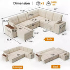 Ensemble canapé modulaire Dyonery 112, canapé-lit d'angle 7 places / Avec accoudoirs chaise longue de rangement réglables en hauteur / USB/éclairage LED, canapé-lit en chenille.