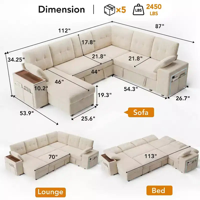 Ensemble canapé modulaire Dyonery 112, canapé-lit d'angle 7 places / Avec accoudoirs chaise longue de rangement réglables en hauteur / USB/éclairage LED, canapé-lit en chenille.