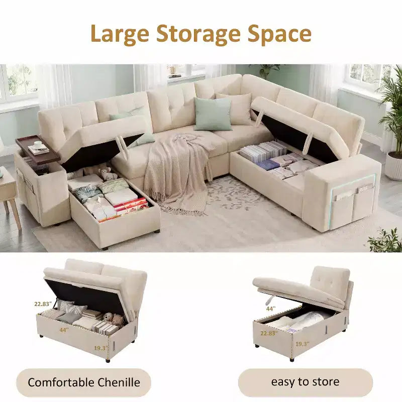 Ensemble canapé modulaire Dyonery 112, canapé-lit d'angle 7 places / Avec accoudoirs chaise longue de rangement réglables en hauteur / USB/éclairage LED, canapé-lit en chenille.