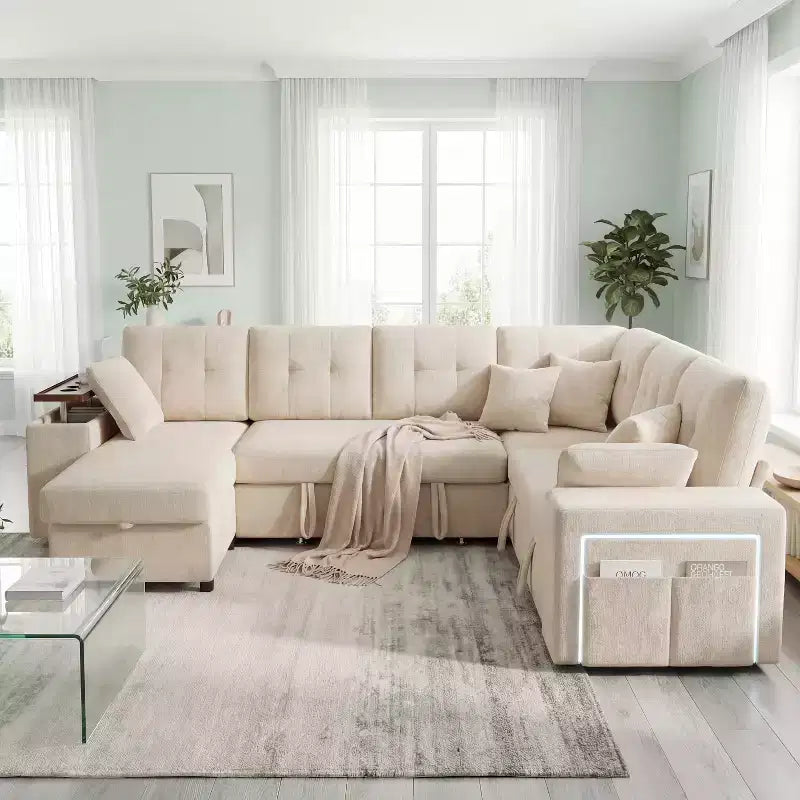 Ensemble canapé modulaire Dyonery 112, canapé-lit d'angle 7 places / Avec accoudoirs chaise longue de rangement réglables en hauteur / USB/éclairage LED, canapé-lit en chenille.