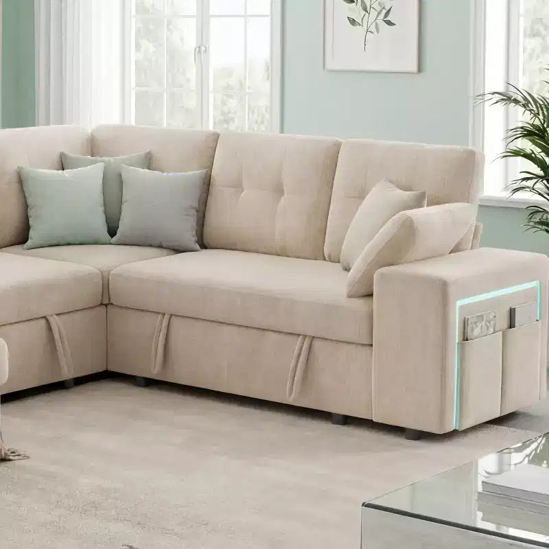 Ensemble canapé modulaire Dyonery 112, canapé-lit d'angle 7 places / Avec accoudoirs chaise longue de rangement réglables en hauteur / USB/éclairage LED, canapé-lit en chenille.