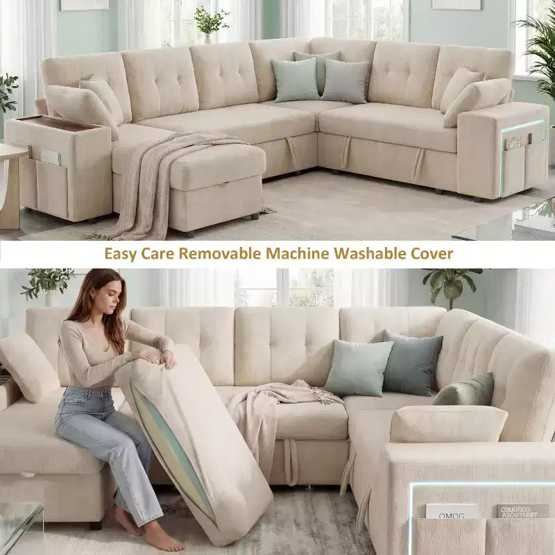 Ensemble canapé modulaire Dyonery 112, canapé-lit d'angle 7 places / Avec accoudoirs chaise longue de rangement réglables en hauteur / USB/éclairage LED, canapé-lit en chenille.