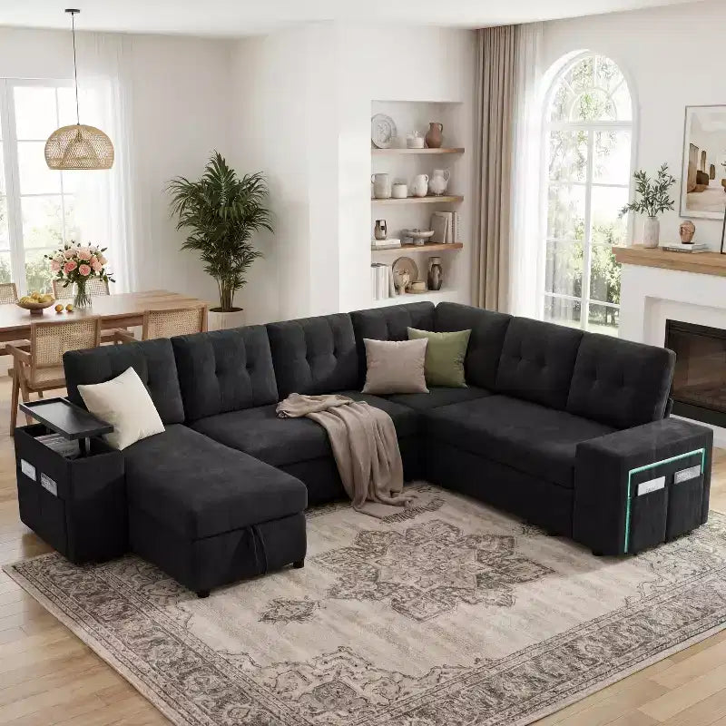 Ensemble canapé modulaire Dyonery 112, canapé-lit d'angle 7 places / Avec accoudoirs chaise longue de rangement réglables en hauteur / USB/éclairage LED, canapé-lit en chenille.