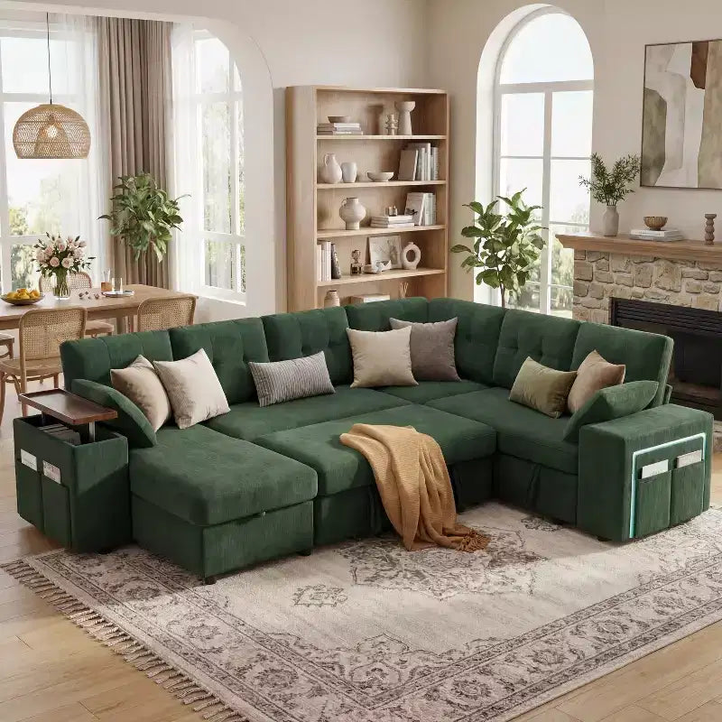 Ensemble canapé modulaire Dyonery 112, canapé-lit d'angle 7 places / Avec accoudoirs chaise longue de rangement réglables en hauteur / USB/éclairage LED, canapé-lit en chenille.