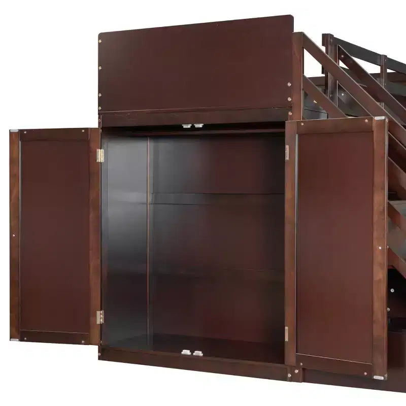 Lit superposé double sur grand lit avec armoire, ports USB, lumière, étagères de rangement et escalier de rangement - ModernLuxe