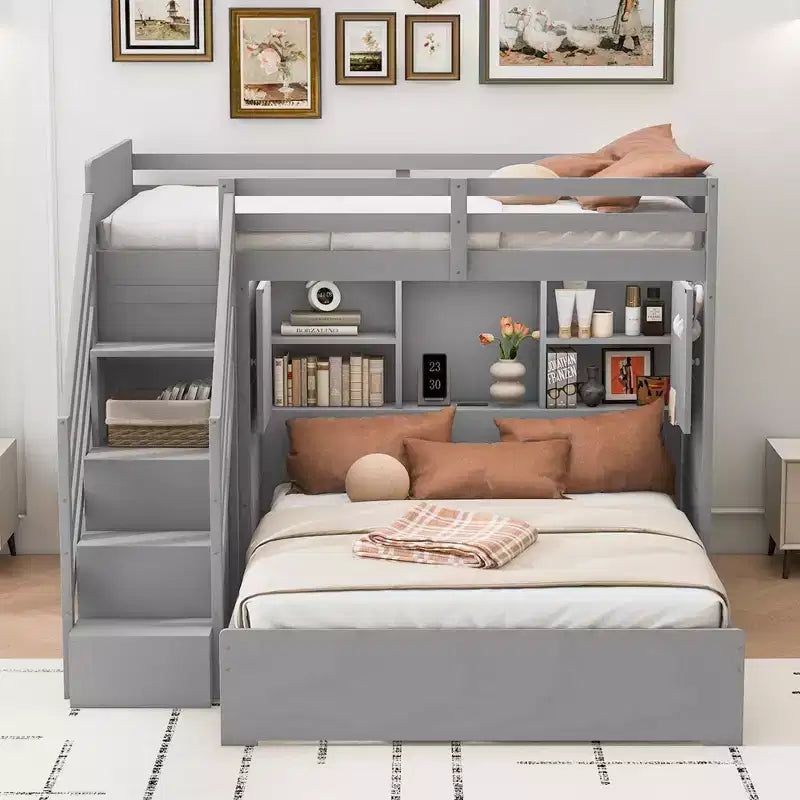 Lit superposé double sur grand lit avec armoire, ports USB, lumière, étagères de rangement et escalier de rangement - ModernLuxe