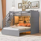 Lit superposé double sur grand lit avec armoire, ports USB, lumière, étagères de rangement et escalier de rangement - ModernLuxe