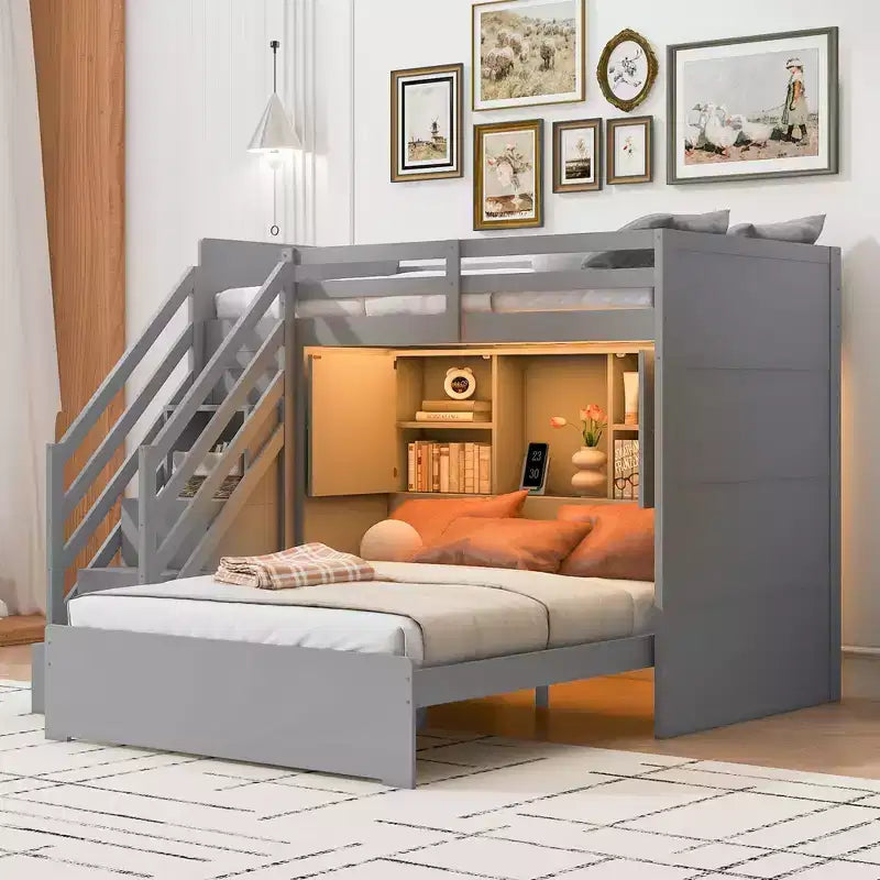 Lit superposé double sur grand lit avec armoire, ports USB, lumière, étagères de rangement et escalier de rangement - ModernLuxe