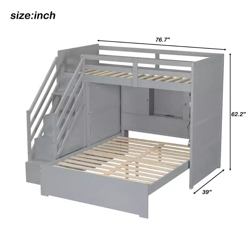 Lit superposé double sur grand lit avec armoire, ports USB, lumière, étagères de rangement et escalier de rangement - ModernLuxe