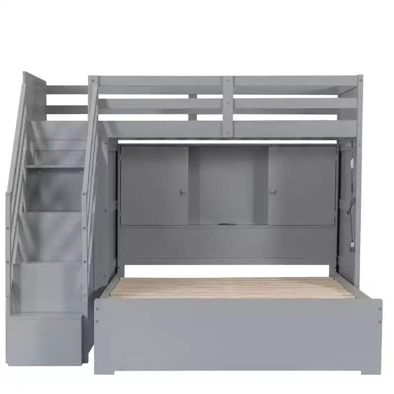Lit superposé double sur grand lit avec armoire, ports USB, lumière, étagères de rangement et escalier de rangement - ModernLuxe