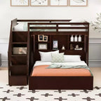 Lit superposé double sur grand lit avec armoire, ports USB, lumière, étagères de rangement et escalier de rangement - ModernLuxe