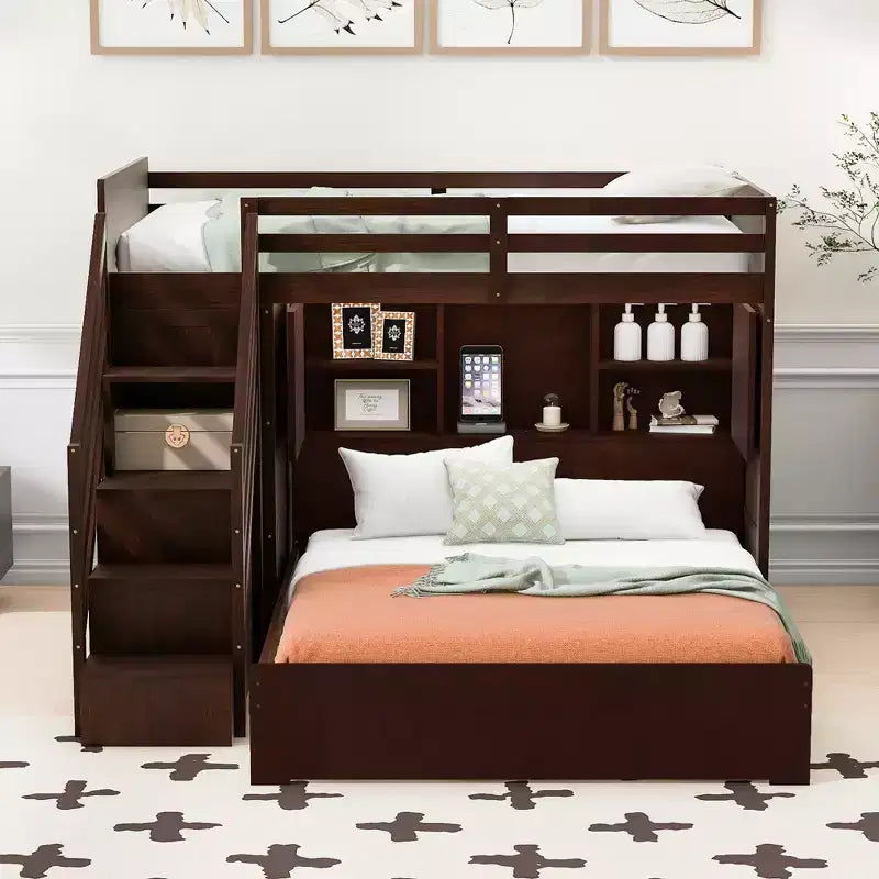 Lit superposé double sur grand lit avec armoire, ports USB, lumière, étagères de rangement et escalier de rangement - ModernLuxe