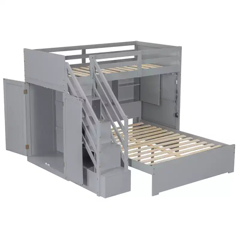 Lit superposé double sur grand lit avec armoire, ports USB, lumière, étagères de rangement et escalier de rangement - ModernLuxe