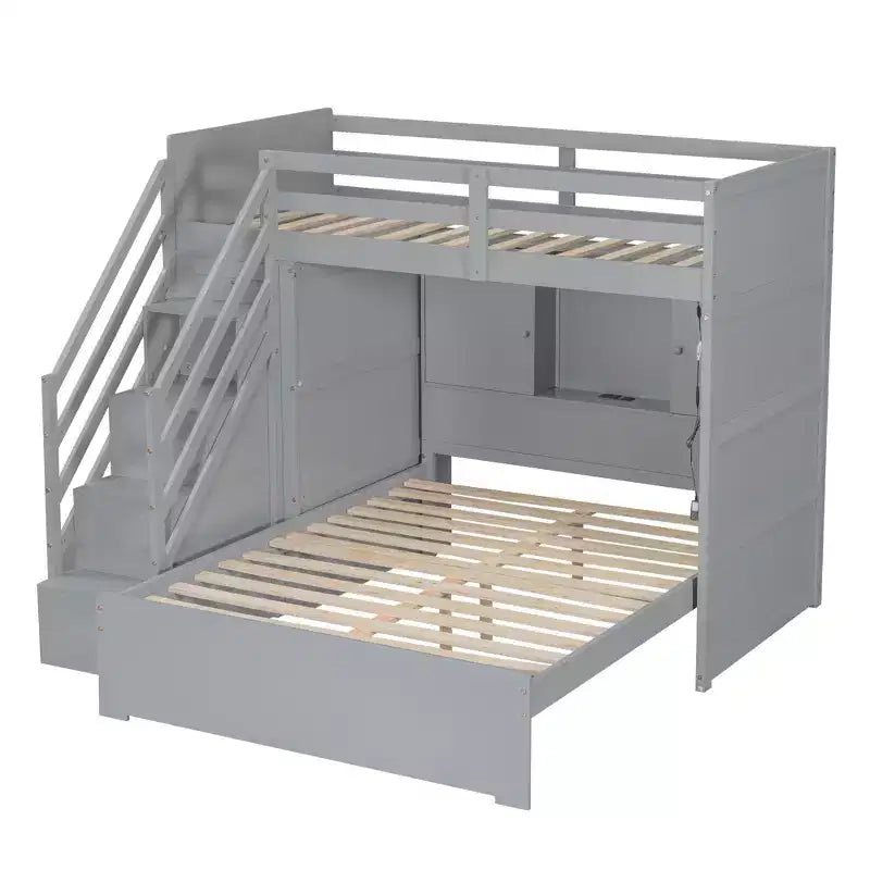 Lit superposé double sur grand lit avec armoire, ports USB, lumière, étagères de rangement et escalier de rangement - ModernLuxe