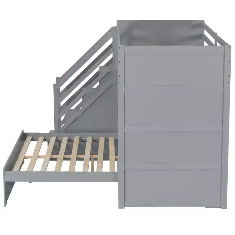 Lit superposé double sur grand lit avec armoire, ports USB, lumière, étagères de rangement et escalier de rangement - ModernLuxe