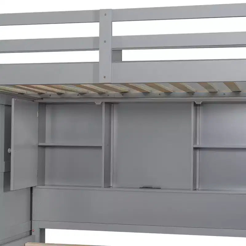 Lit superposé double sur grand lit avec armoire, ports USB, lumière, étagères de rangement et escalier de rangement - ModernLuxe