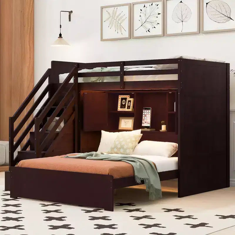 Lit superposé double sur grand lit avec armoire, ports USB, lumière, étagères de rangement et escalier de rangement - ModernLuxe
