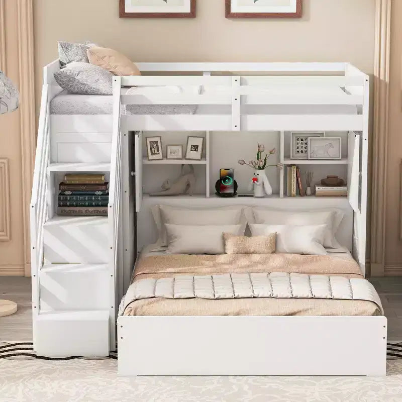 Lit superposé double sur grand lit avec armoire, ports USB, lumière, étagères de rangement et escalier de rangement - ModernLuxe