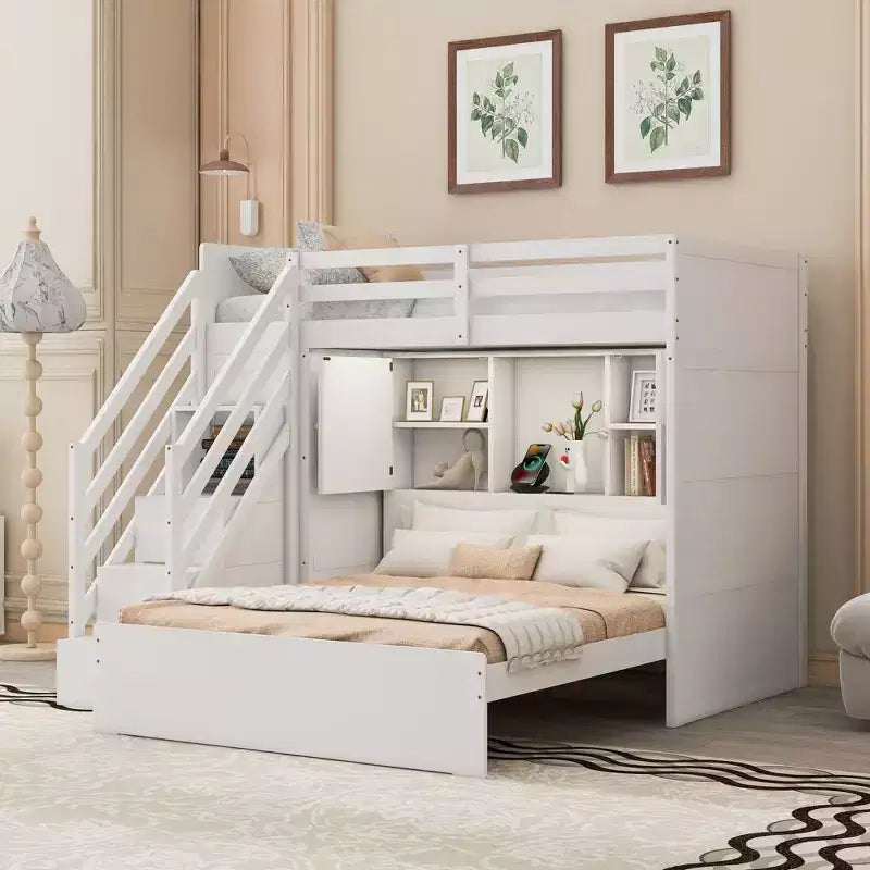 Lit superposé double sur grand lit avec armoire, ports USB, lumière, étagères de rangement et escalier de rangement - ModernLuxe