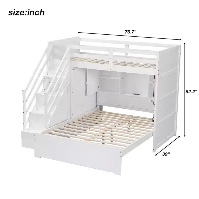 Lit superposé double sur grand lit avec armoire, ports USB, lumière, étagères de rangement et escalier de rangement - ModernLuxe