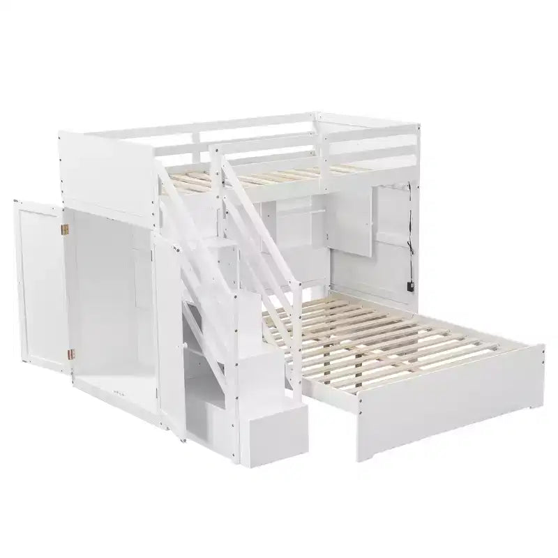 Lit superposé double sur grand lit avec armoire, ports USB, lumière, étagères de rangement et escalier de rangement - ModernLuxe