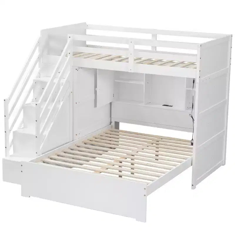 Lit superposé double sur grand lit avec armoire, ports USB, lumière, étagères de rangement et escalier de rangement - ModernLuxe