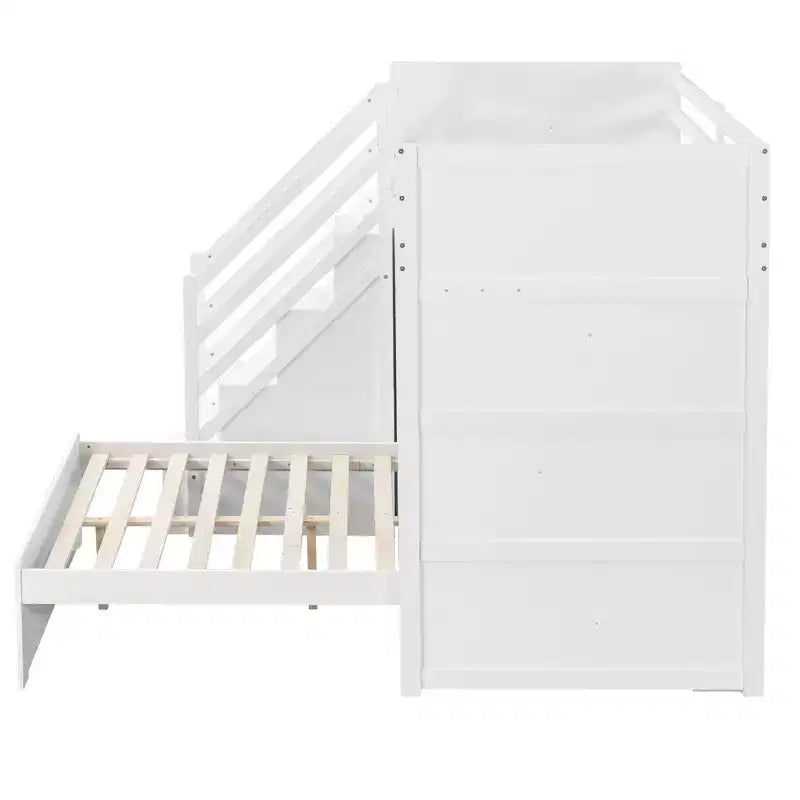 Lit superposé double sur grand lit avec armoire, ports USB, lumière, étagères de rangement et escalier de rangement - ModernLuxe