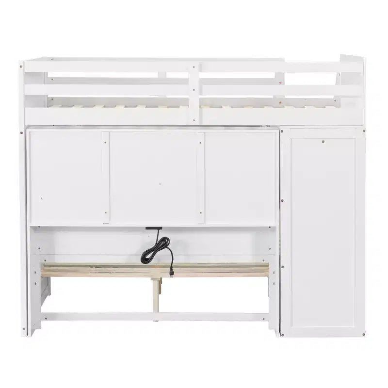 Lit superposé double sur grand lit avec armoire, ports USB, lumière, étagères de rangement et escalier de rangement - ModernLuxe