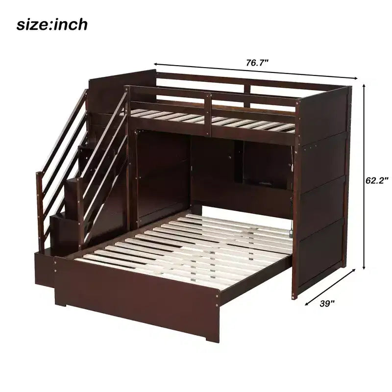 Lit superposé double sur grand lit avec armoire, ports USB, lumière, étagères de rangement et escalier de rangement - ModernLuxe