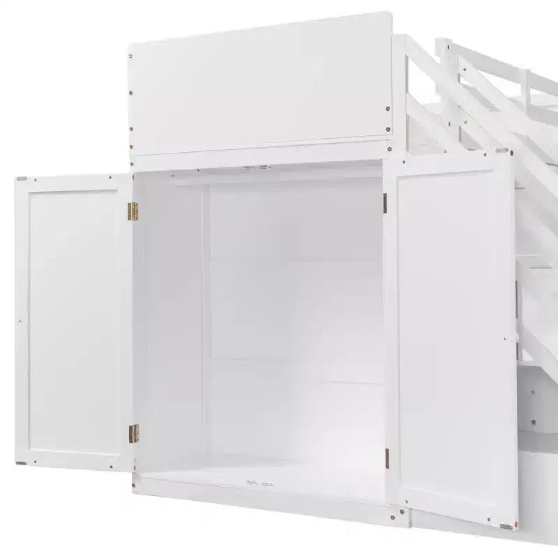 Lit superposé double sur grand lit avec armoire, ports USB, lumière, étagères de rangement et escalier de rangement - ModernLuxe