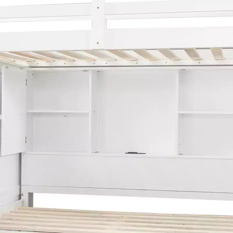Lit superposé double sur grand lit avec armoire, ports USB, lumière, étagères de rangement et escalier de rangement - ModernLuxe
