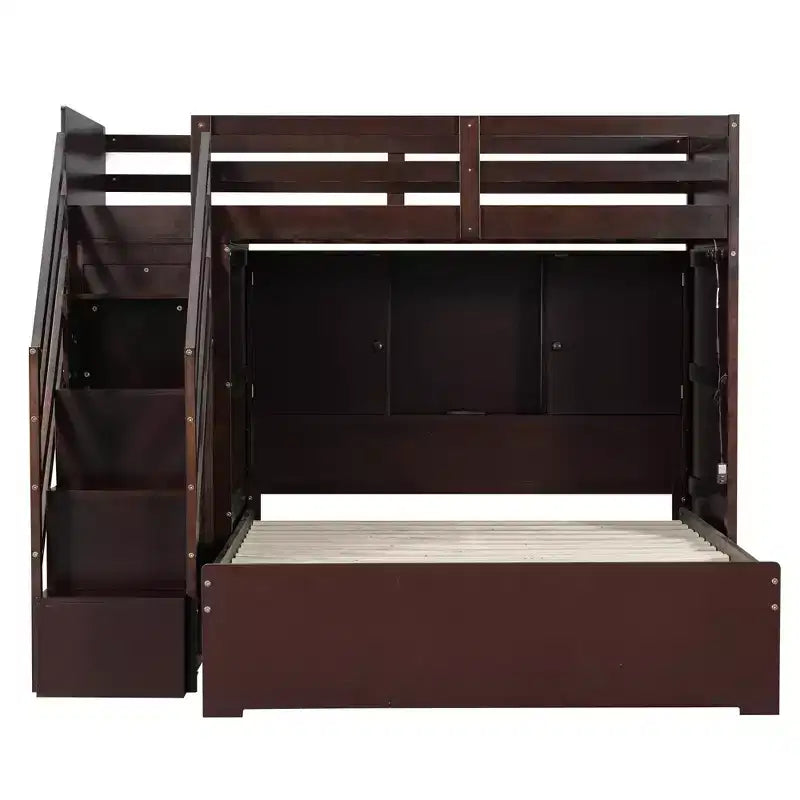 Lit superposé double sur grand lit avec armoire, ports USB, lumière, étagères de rangement et escalier de rangement - ModernLuxe