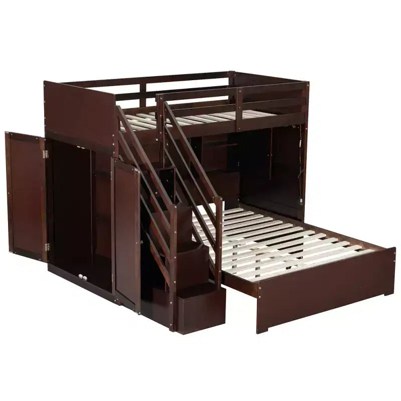 Lit superposé double sur grand lit avec armoire, ports USB, lumière, étagères de rangement et escalier de rangement - ModernLuxe