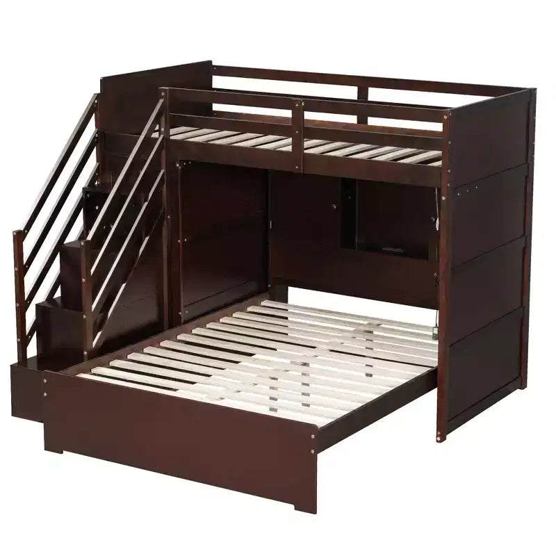 Lit superposé double sur grand lit avec armoire, ports USB, lumière, étagères de rangement et escalier de rangement - ModernLuxe