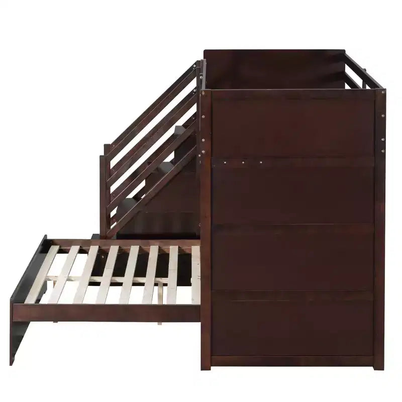 Lit superposé double sur grand lit avec armoire, ports USB, lumière, étagères de rangement et escalier de rangement - ModernLuxe